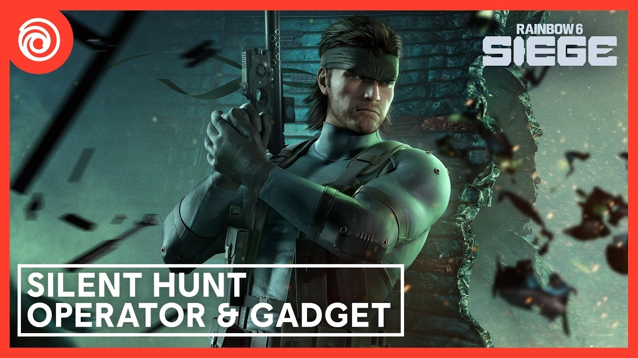 Solid Snake in tactical gear holding a weapon, promoting his role in Rainbow Six Siege's Operation Silent Hunt