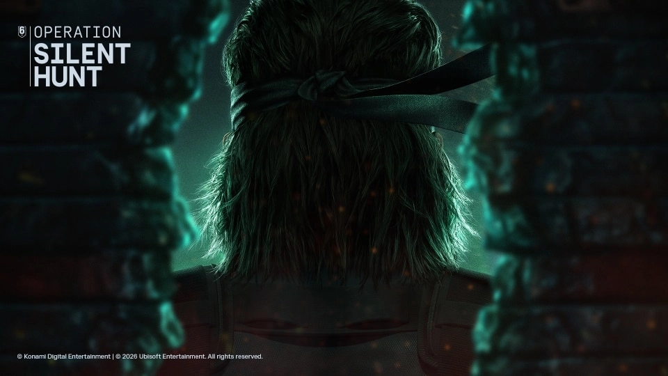 Solid Snake with iconic bandana stands in shadowy environment, promoting Operation Silent Hunt in Rainbow Six Siege