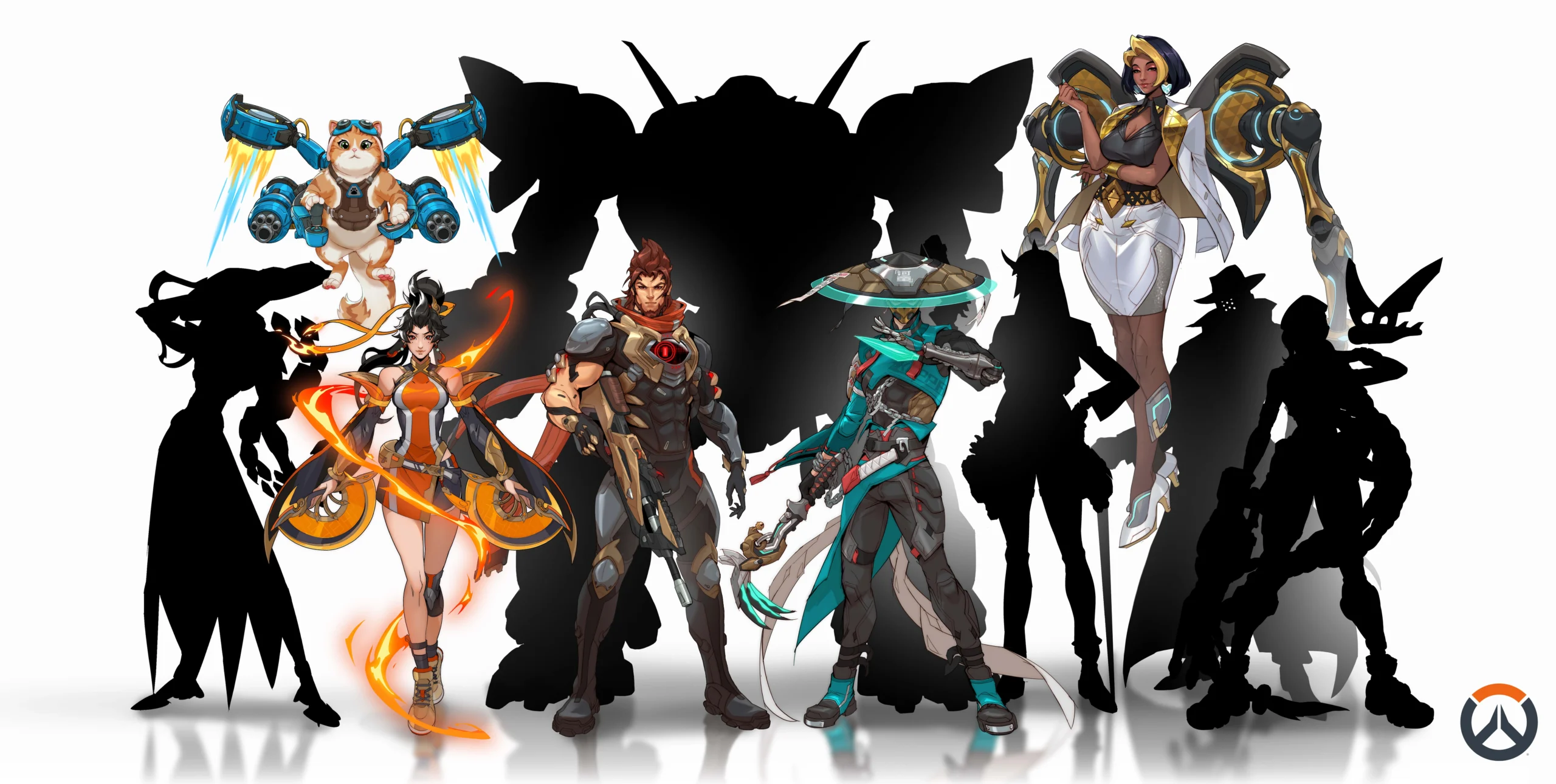 Five new Overwatch heroes, including Domina, Emre, Mizuki, Anran, and Jetpack Cat, with shadowy figures behind