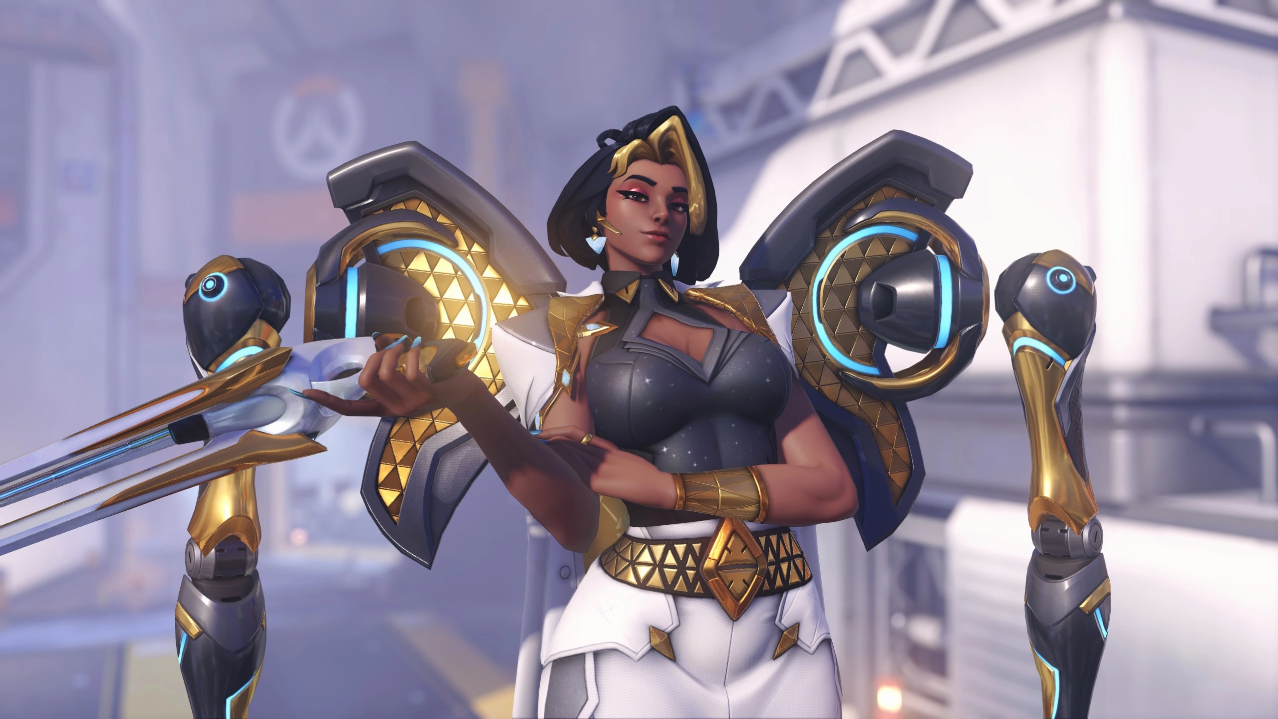 Hero Domina from Overwatch stands confidently with advanced Vishkar technology, ready for battle