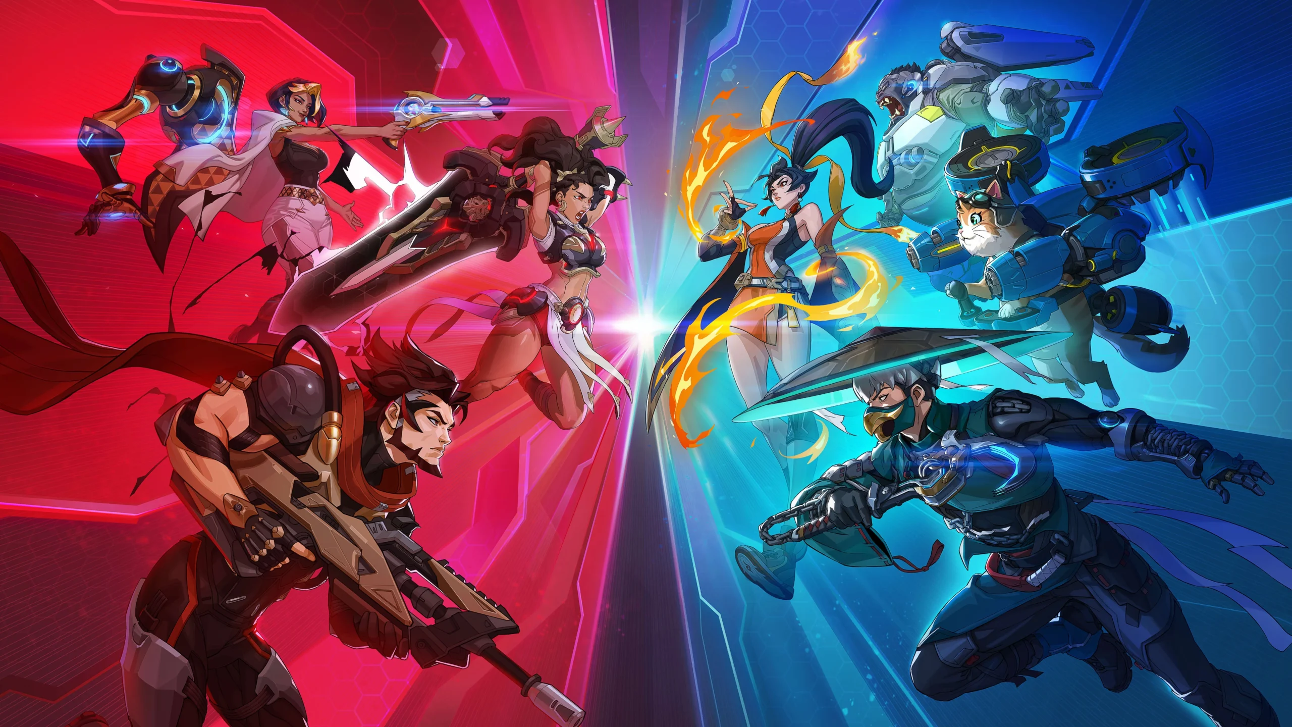 Two teams of Overwatch heroes face off, showcasing new characters Domina, Emre, Mizuki, Anran, and Jetpack Cat