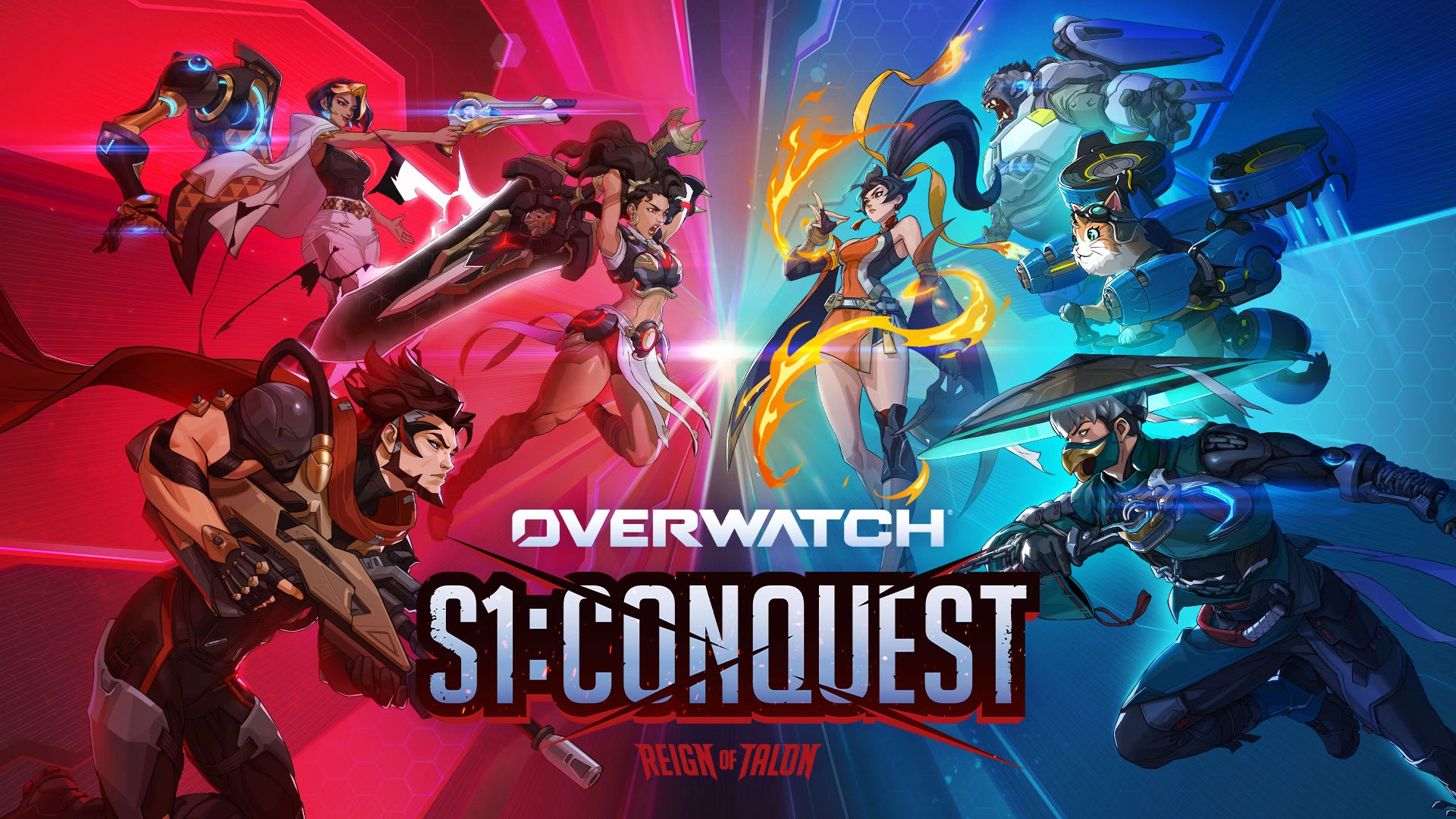 Overwatch Season 1 Conquest poster featuring new heroes Domina, Emre, Mizuki, Anran, and Jetpack Cat