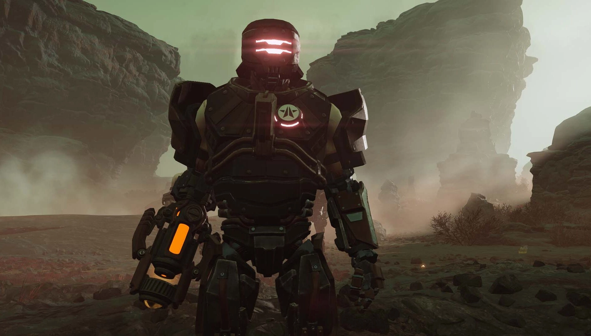 A towering cyborg with glowing eyes stands in a desolate, rocky landscape on Cyberstan in Helldivers 2 update