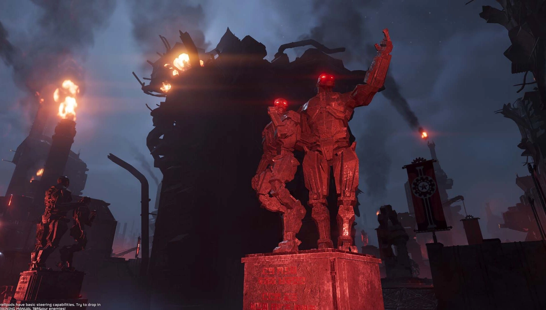 Cyborg statues with glowing red eyes stand ominously in a fiery, dystopian landscape on Cyberstan