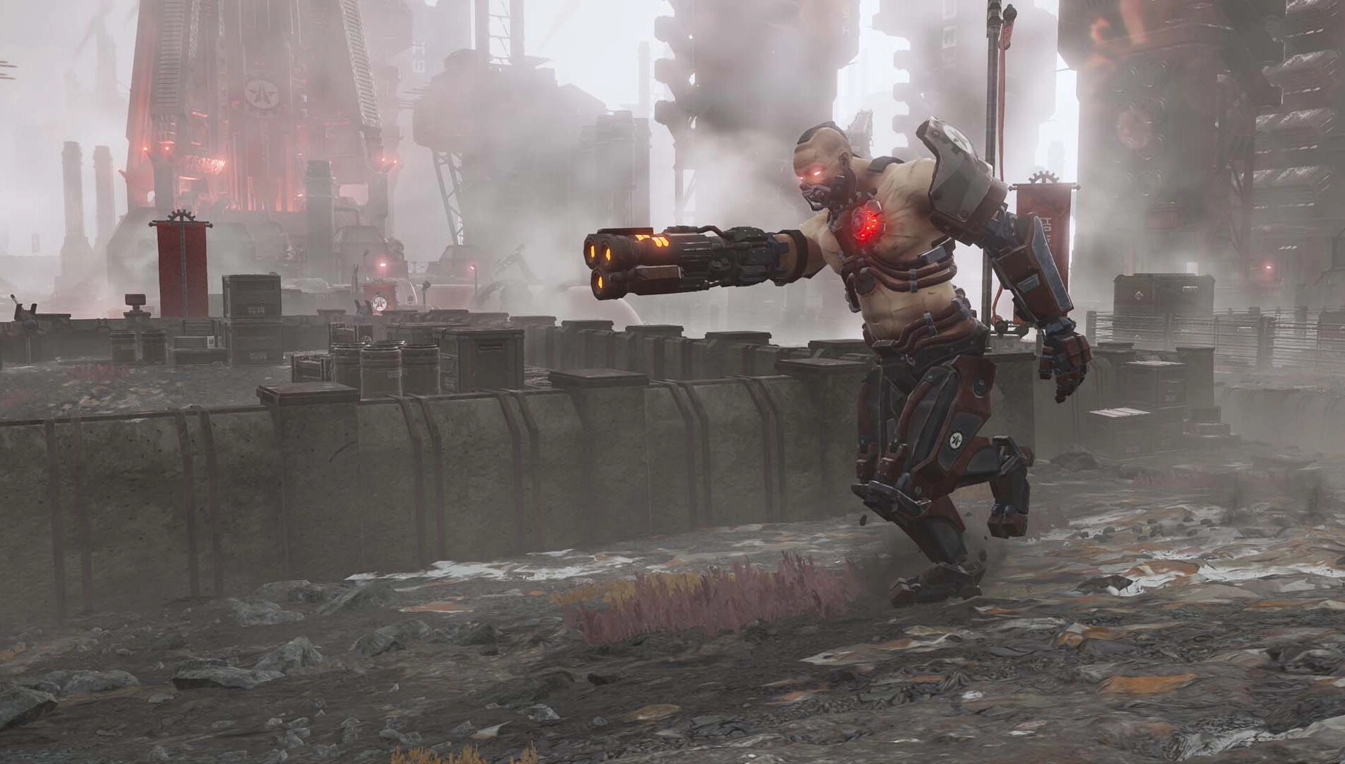 Cyborg warrior with glowing weapon in a foggy, industrial landscape, part of Helldivers 2 update on Xbox Series X|S