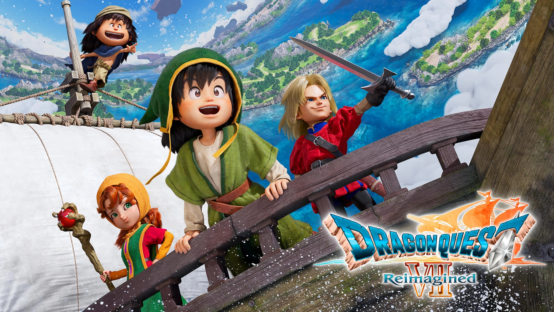 Four adventurous characters on a ship, gazing at a vibrant landscape in DRAGON QUEST VII Reimagined