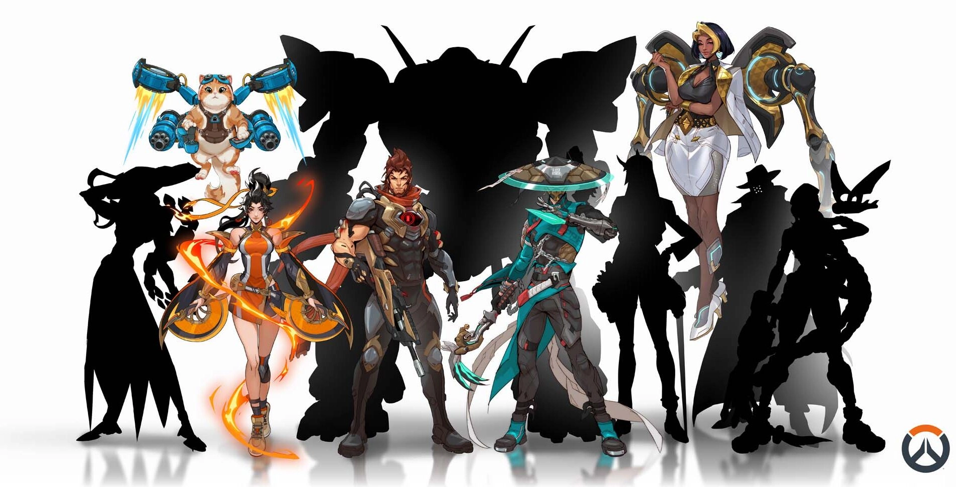Overwatch characters in dynamic poses, showcasing diverse heroes with vibrant costumes and futuristic gear