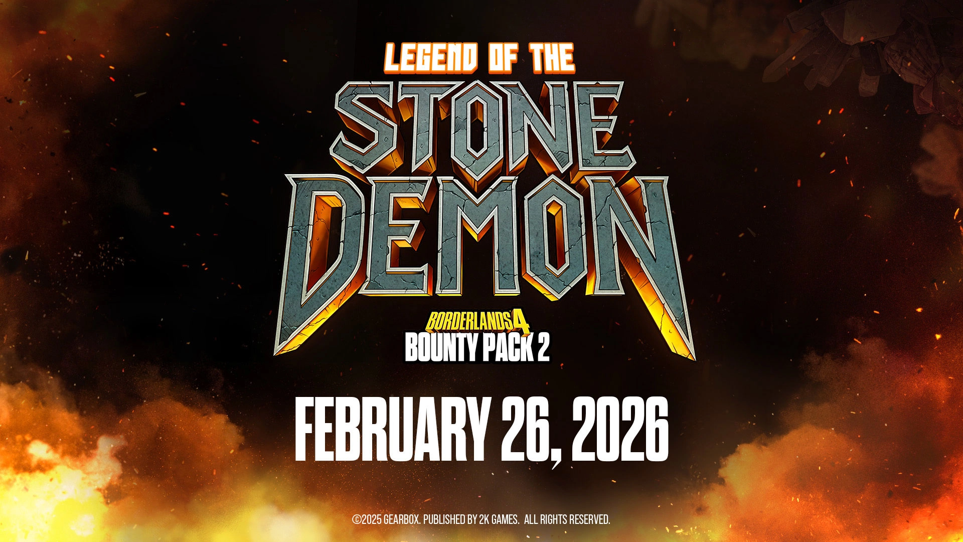 Legend of the Stone Demon Bounty Pack 2 release date February 26, 2026, fiery background