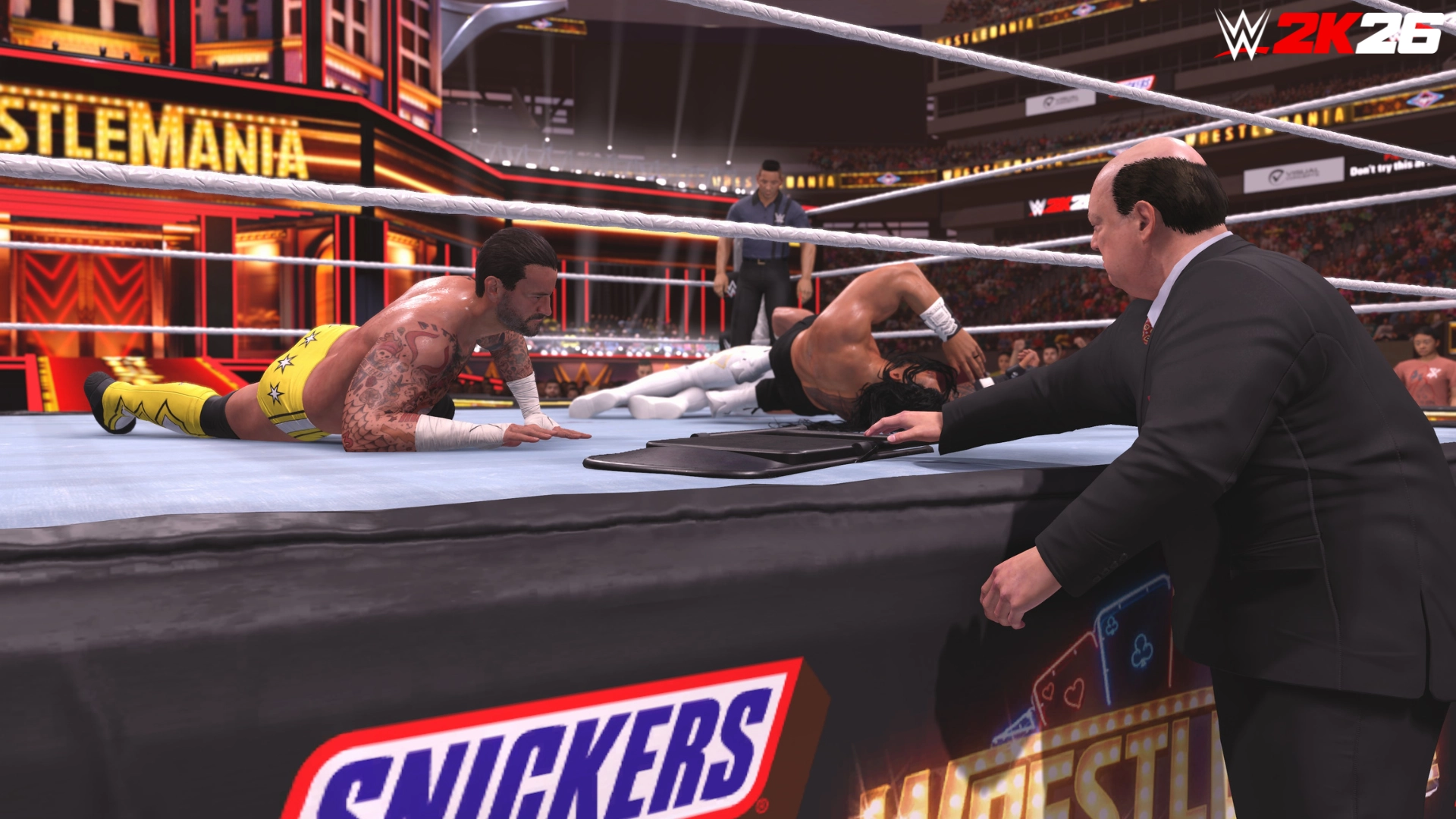 CM Punk and Seth Rollins in a WrestleMania 41 match, with Paul Heyman ringside, WWE 2K26 Showcase mode