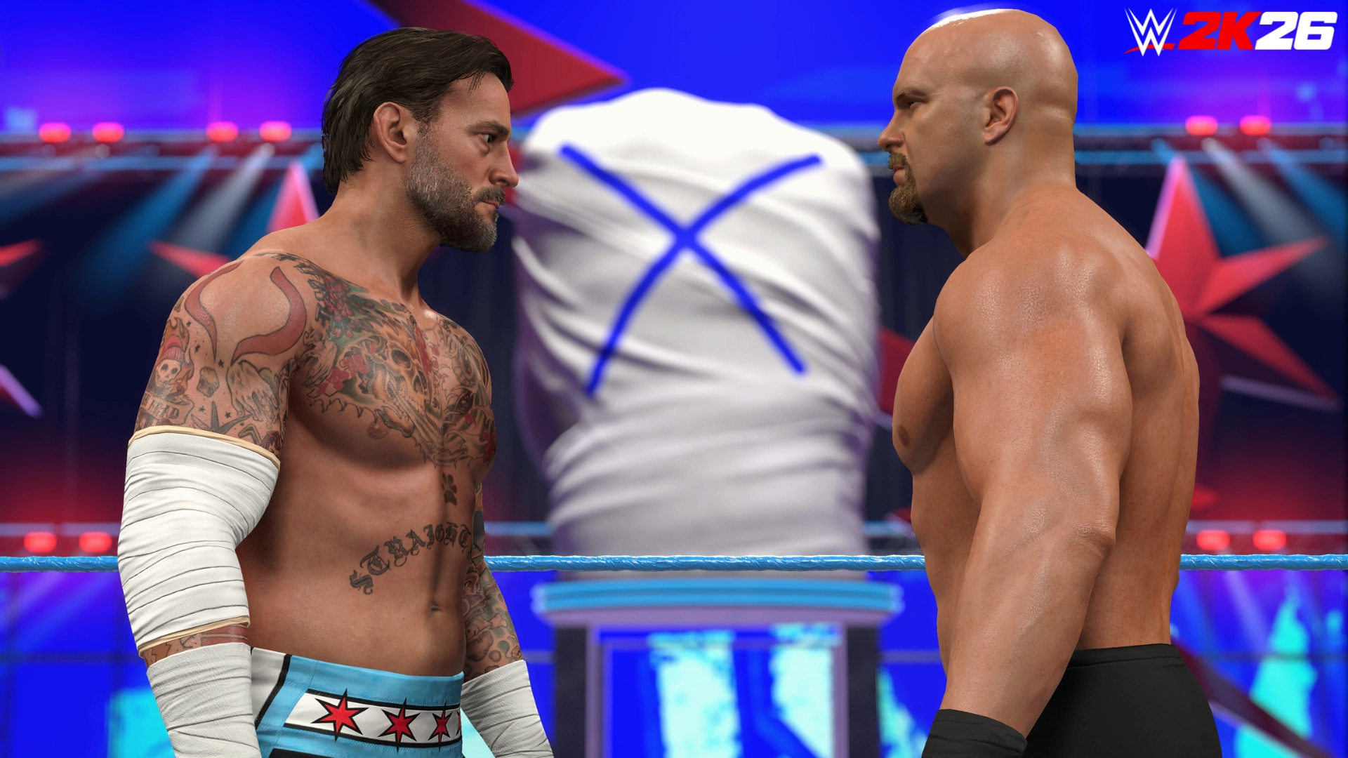 CM Punk facing off against a bald wrestler in WWE 2K26 Showcase Mode, highlighting intense rivalry