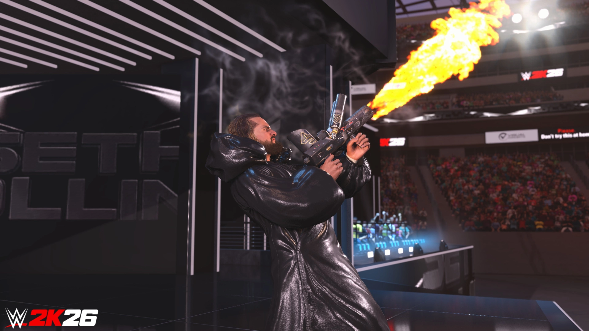 Wrestler in black coat uses flamethrower on stage at WWE 2K26 event, crowd and arena visible in background